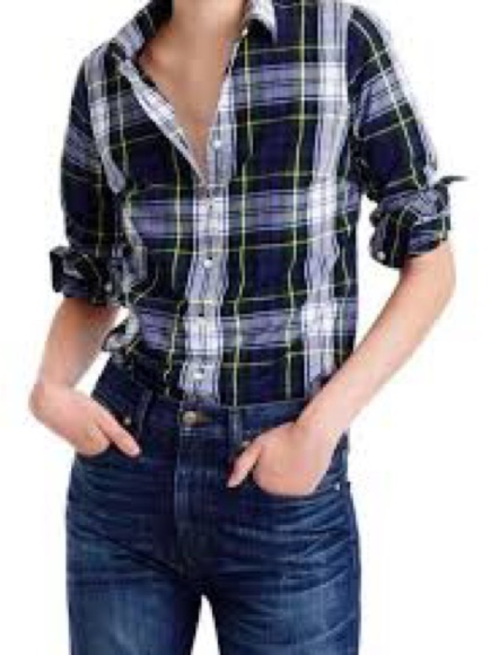 J. Crew Navy, White & Green Plaid Button-Down Shirt